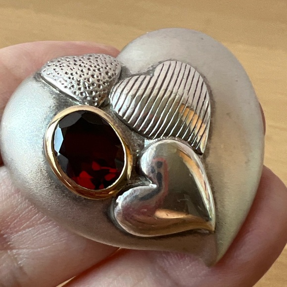 VINTAGE 925 STERLING SILVER GARNET LARGE PUFFY TRIPLE HEART PIN BROOCH STATEMENT